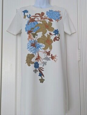 Zara Cream Shift Dress with Blue and Gold Floral Print